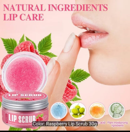 Raspberry lip scrub product with packaging
